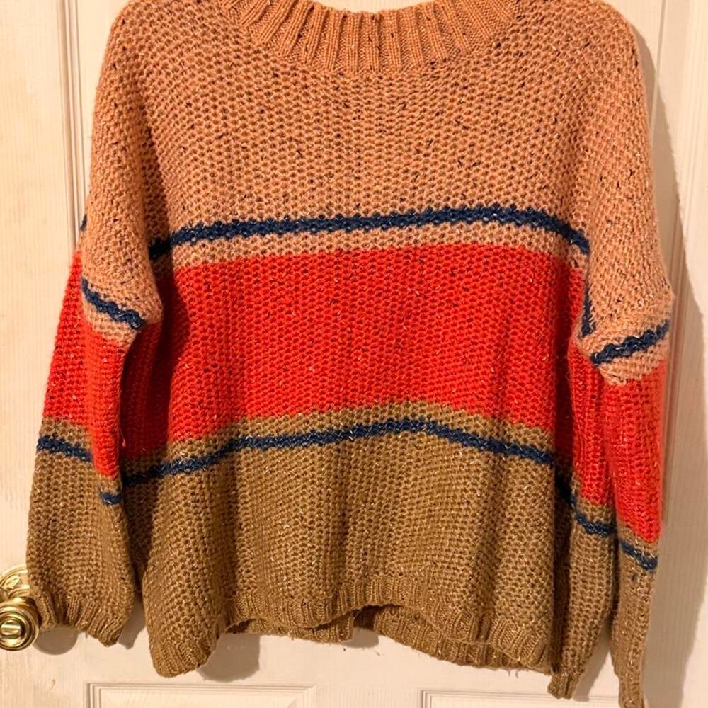 Lumiere oversized chunky open knit Boho earthy striped fall sweater-Size S